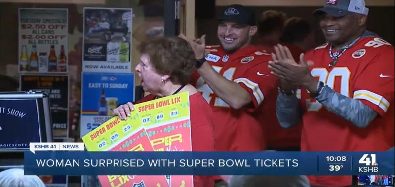 Scott Henderson presenting Super Bowl LIX tickets on KSHB 41 News with Kansas City Chiefs players in frame